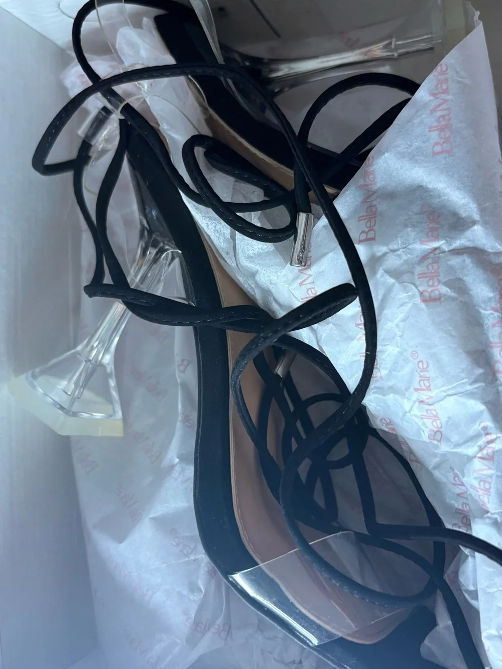 Bella Marie Black Heeled Sandals with Clear Strap